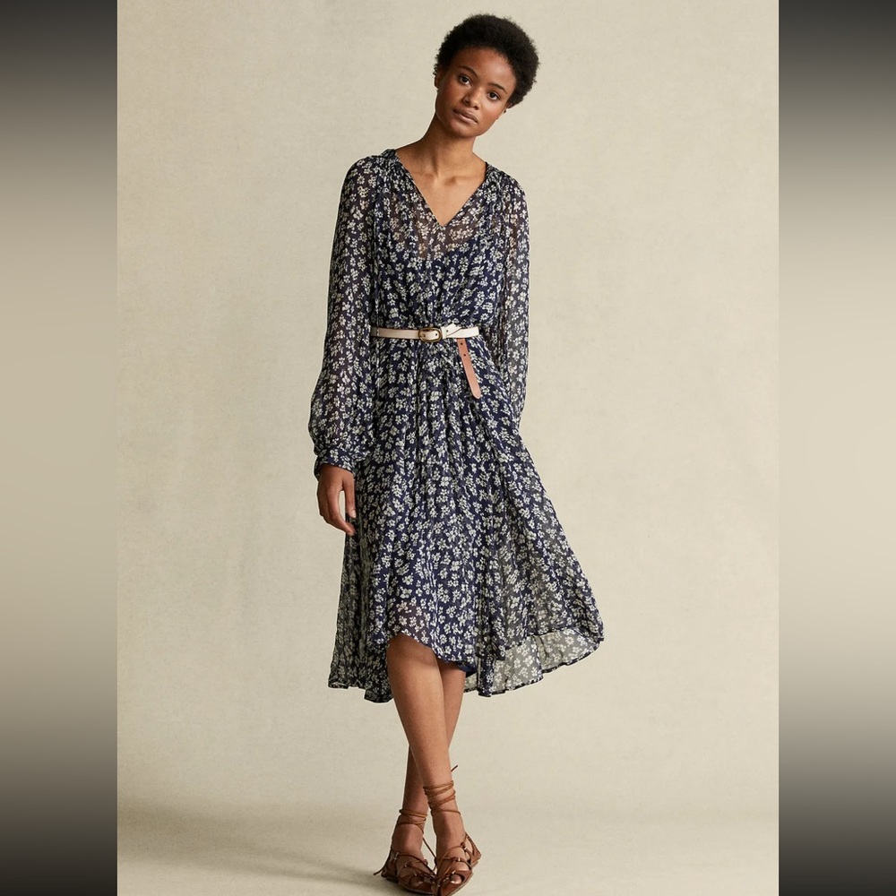 polo ralph lauren denver navy white ditsy floral midi dress balloon sleeve US 12